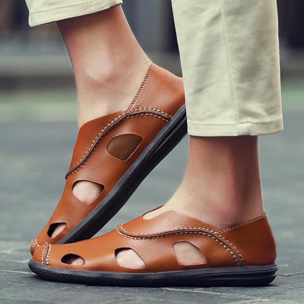 Hombres Verano Transpirable Casual Playa Al Aire Libre Cuero Suave Moda Sandalias Cómodas Zapatos