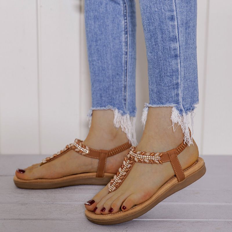 Mujeres Bohemia Abalorios Banda Elástica Slip On Casual Summer Beach Sandalias Planas