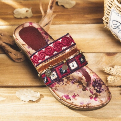 Mujeres Bohemia Bead Clip Toe Bordado Folkways Patrón De Flores Suela Suave Chanclas Verano Playa Casual Sandalias Planas