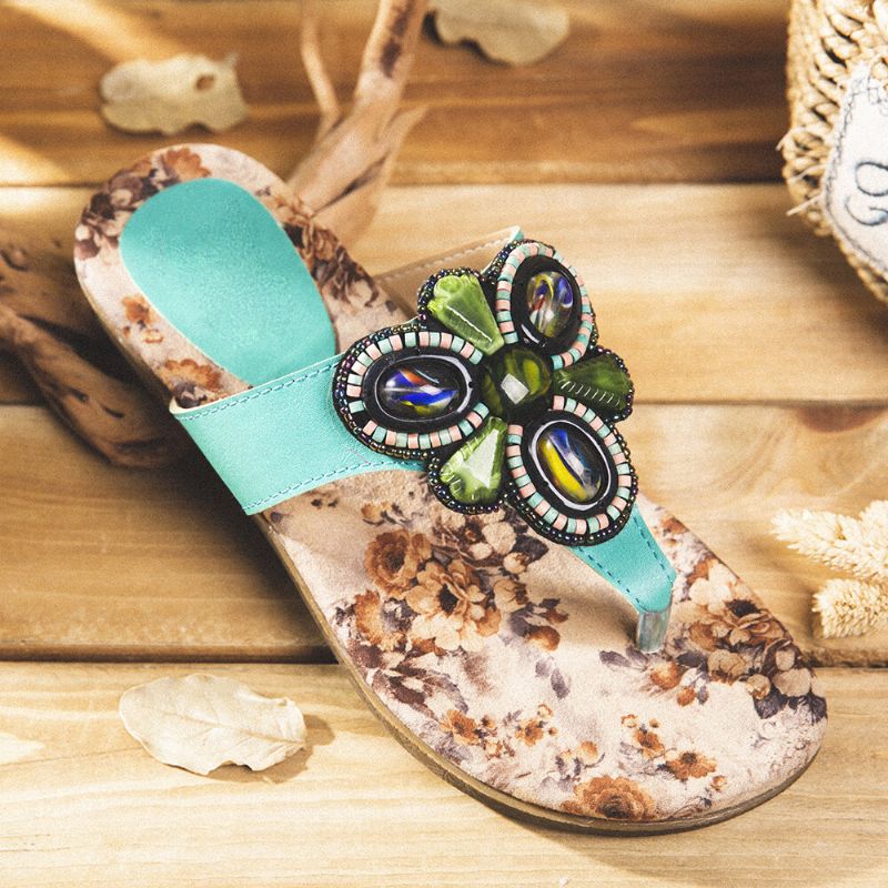 Mujeres Bohemia Bead Clip Toe Bordado Folkways Patrón De Flores Suela Suave Chanclas Verano Playa Casual Sandalias Planas