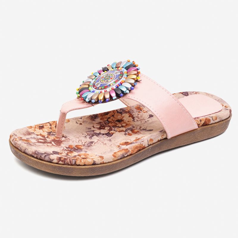 Mujeres Bohemia Bead Clip Toe Bordado Folkways Patrón De Flores Suela Suave Chanclas Verano Playa Casual Sandalias Planas