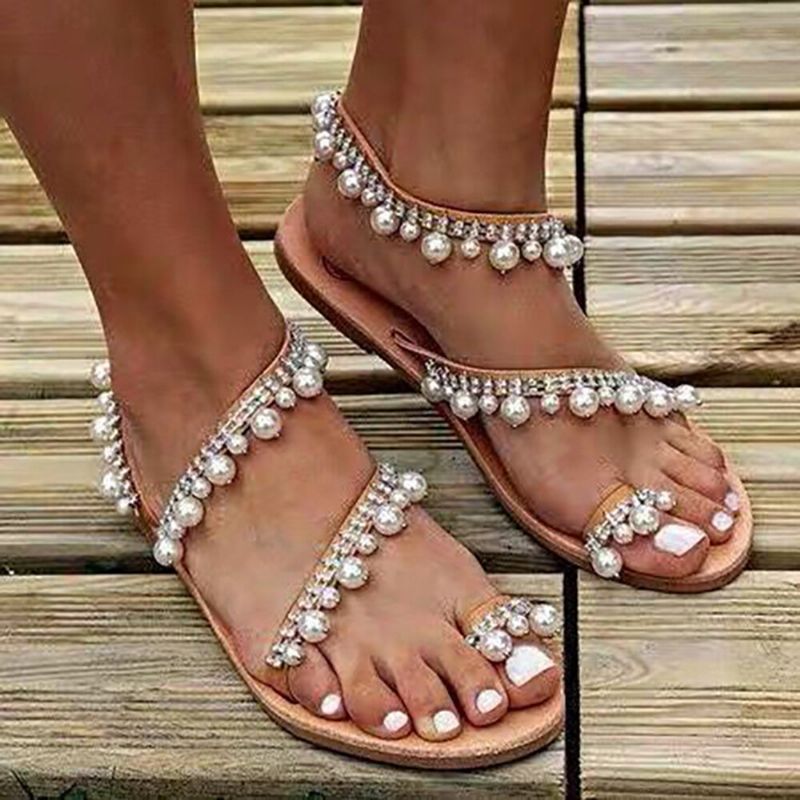 Mujeres Bohemia Clip Toe Bead Decoración Slip On Banda Elástica Casual Holiday Beach Sandalias Planas