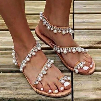 Mujeres Bohemia Clip Toe Bead Decoración Slip On Banda Elástica Casual Holiday Beach Sandalias Planas