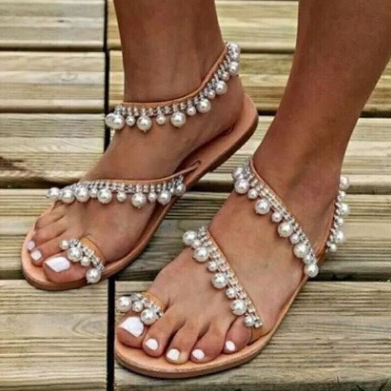 Mujeres Bohemia Clip Toe Bead Decoración Slip On Banda Elástica Casual Holiday Beach Sandalias Planas