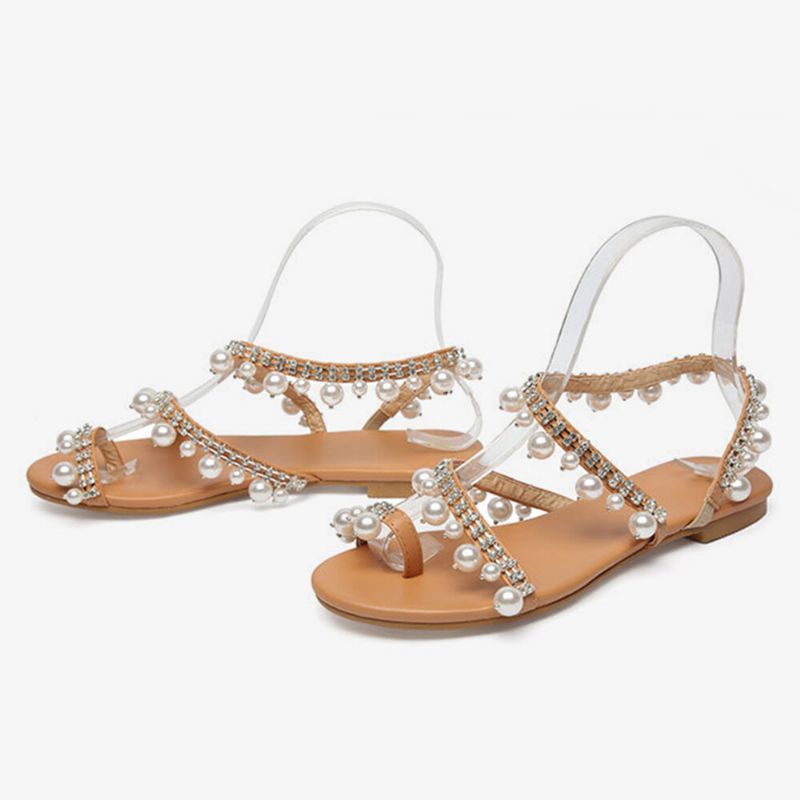 Mujeres Bohemia Clip Toe Bead Decoración Slip On Banda Elástica Casual Holiday Beach Sandalias Planas