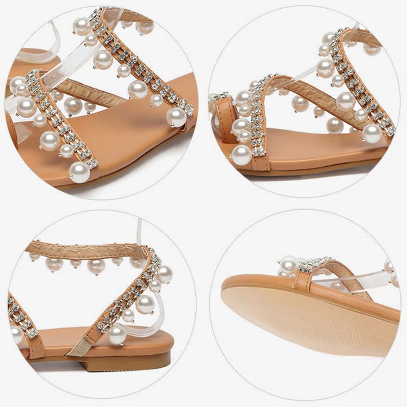 Mujeres Bohemia Clip Toe Bead Decoración Slip On Banda Elástica Casual Holiday Beach Sandalias Planas