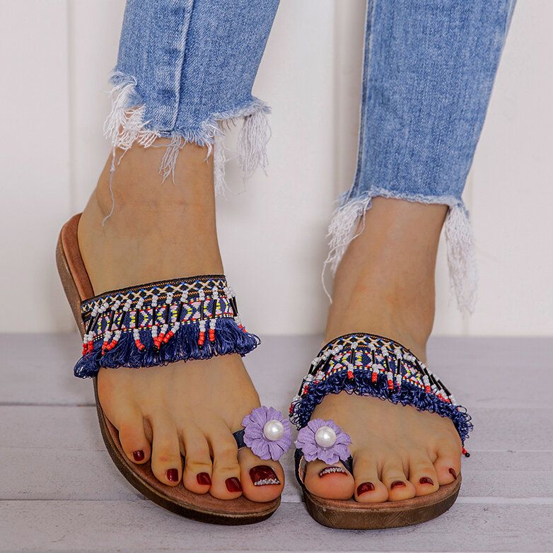 Mujeres Bohemia Flor Decoración Anillo Del Dedo Del Pie Casual Verano Sandalias Planas