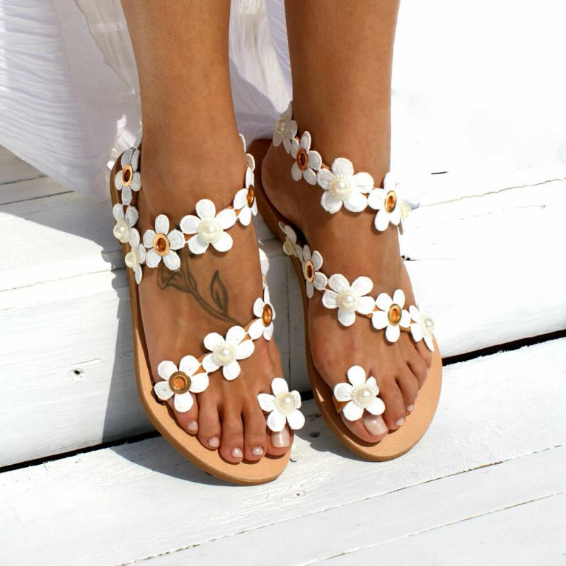 Mujeres Bohemia Flower Decro Beading Toe Ring Casual Summer Beach Sandalias Planas