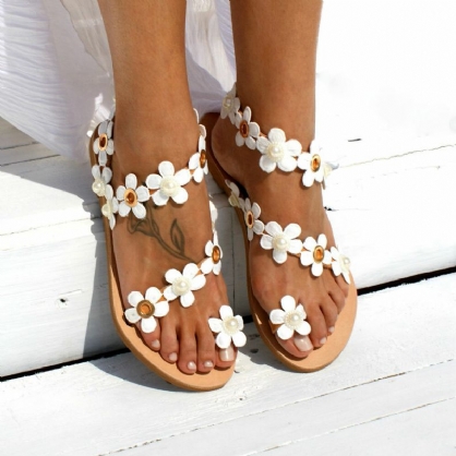 Mujeres Bohemia Flower Decro Beading Toe Ring Casual Summer Beach Sandalias Planas