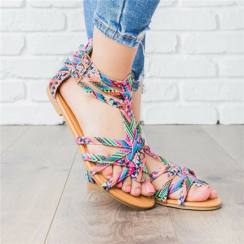 Mujeres Bohemian Folkways Open Toe Buckle Summer Beach Sandalias Planas Informales