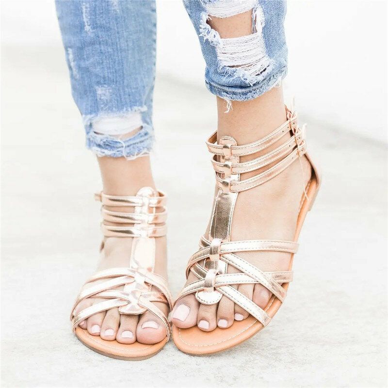 Mujeres Bohemian Folkways Open Toe Buckle Summer Beach Sandalias Planas Informales