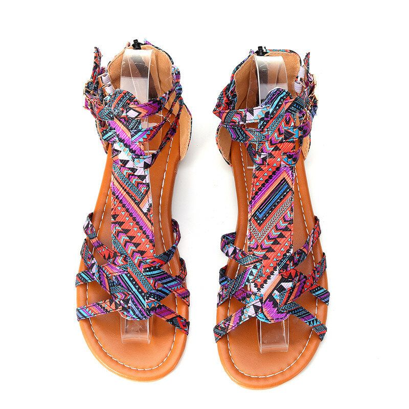 Mujeres Bohemian Folkways Open Toe Buckle Summer Beach Sandalias Planas Informales