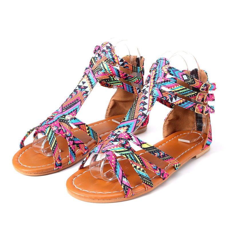 Mujeres Bohemian Folkways Open Toe Buckle Summer Beach Sandalias Planas Informales