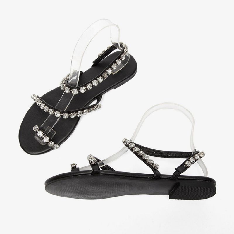 Mujeres Rhinestone Clip Toe Slip On Elastic Band Casual Summer Beach Holiday Sandalias Planas