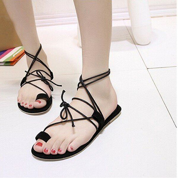 Mujeres Summer Beach Retro Simple Lace Up Flat Clip Toe Sandalias Al Aire Libre Zapatos