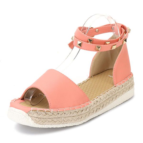 Mujeres Summer Rivet Strappy Buckle Sweet Flat Peep Toe Sandalias Romanas Zapatos