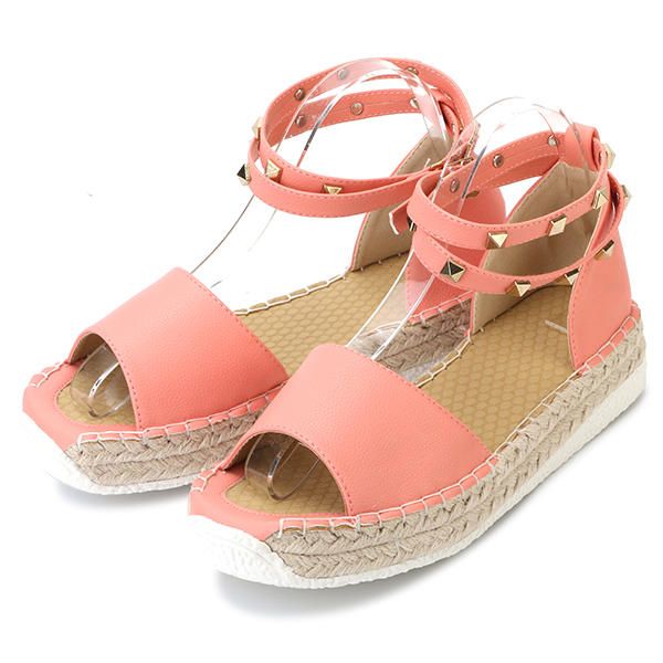 Mujeres Summer Rivet Strappy Buckle Sweet Flat Peep Toe Sandalias Romanas Zapatos