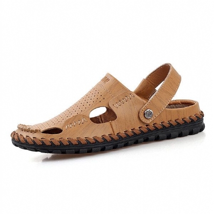 Sandalia De Cuero De Verano Para Hombre Punta Redonda Informal Zapatilla De Playa Suave De Moda Plana Al Aire Libre