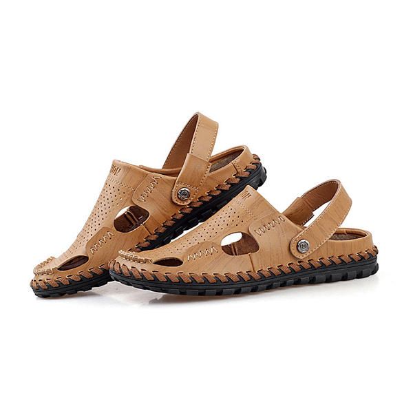 Sandalia De Cuero De Verano Para Hombre Punta Redonda Informal Zapatilla De Playa Suave De Moda Plana Al Aire Libre