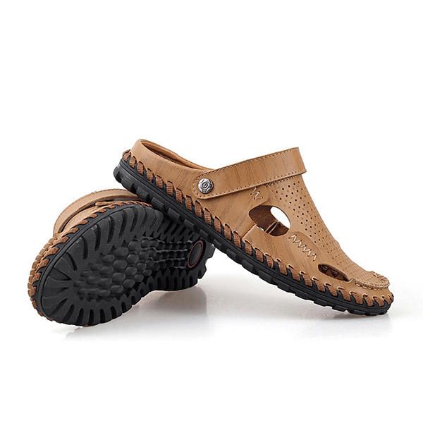 Sandalia De Cuero De Verano Para Hombre Punta Redonda Informal Zapatilla De Playa Suave De Moda Plana Al Aire Libre