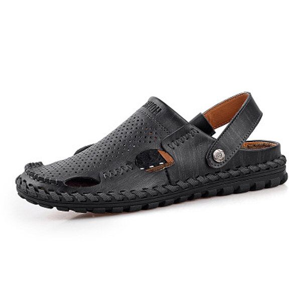 Sandalia De Cuero De Verano Para Hombre Punta Redonda Informal Zapatilla De Playa Suave De Moda Plana Al Aire Libre