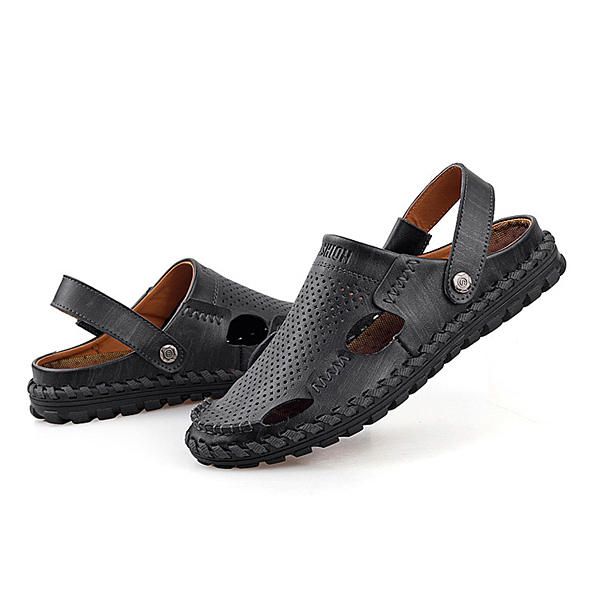 Sandalia De Cuero De Verano Para Hombre Punta Redonda Informal Zapatilla De Playa Suave De Moda Plana Al Aire Libre