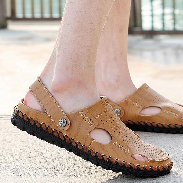 Sandalia De Cuero De Verano Para Hombre Punta Redonda Informal Zapatilla De Playa Suave De Moda Plana Al Aire Libre