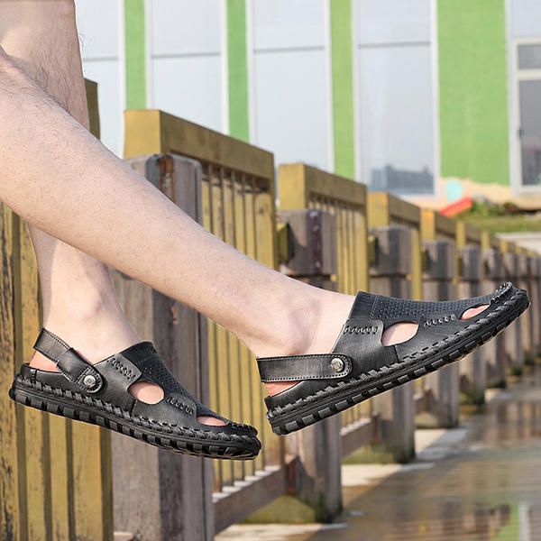 Sandalia De Cuero De Verano Para Hombre Punta Redonda Informal Zapatilla De Playa Suave De Moda Plana Al Aire Libre