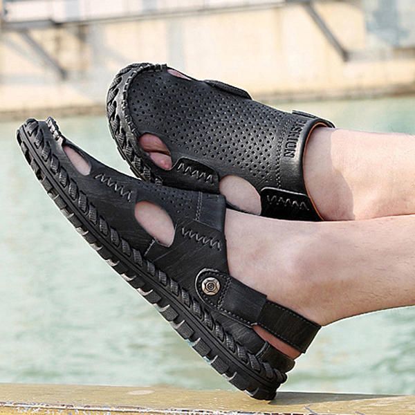 Sandalia De Cuero De Verano Para Hombre Punta Redonda Informal Zapatilla De Playa Suave De Moda Plana Al Aire Libre