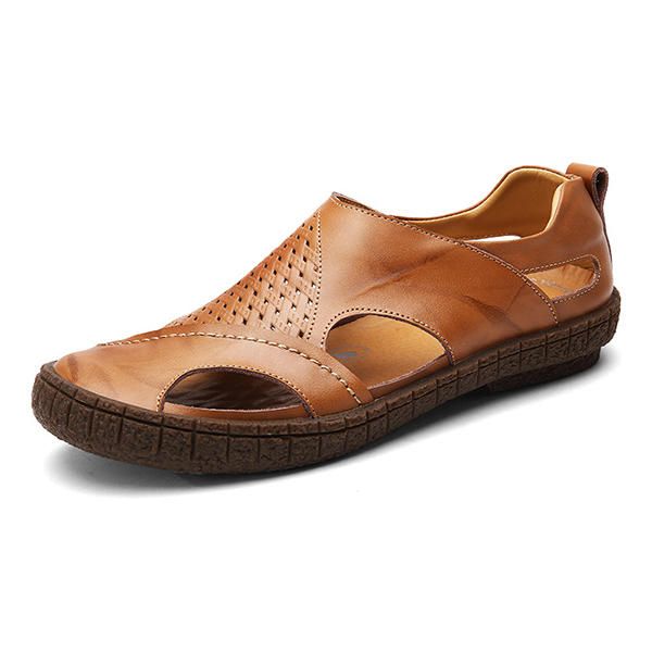 Sandalias Ahuecadas De Cuero Genuino Suave Y Transpirable Para Hombres