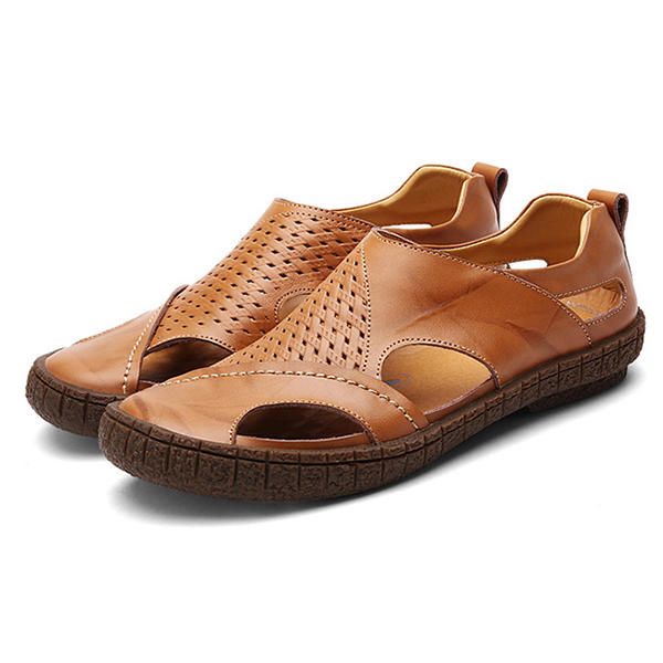 Sandalias Ahuecadas De Cuero Genuino Suave Y Transpirable Para Hombres