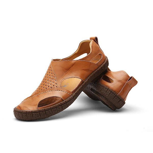 Sandalias Ahuecadas De Cuero Genuino Suave Y Transpirable Para Hombres