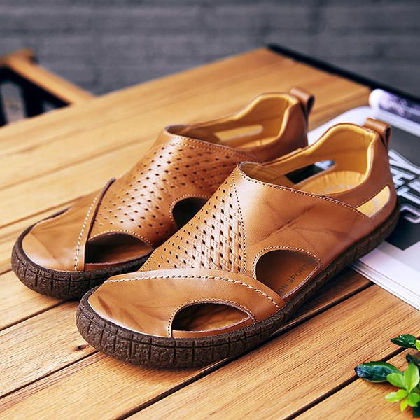 Sandalias Ahuecadas De Cuero Genuino Suave Y Transpirable Para Hombres