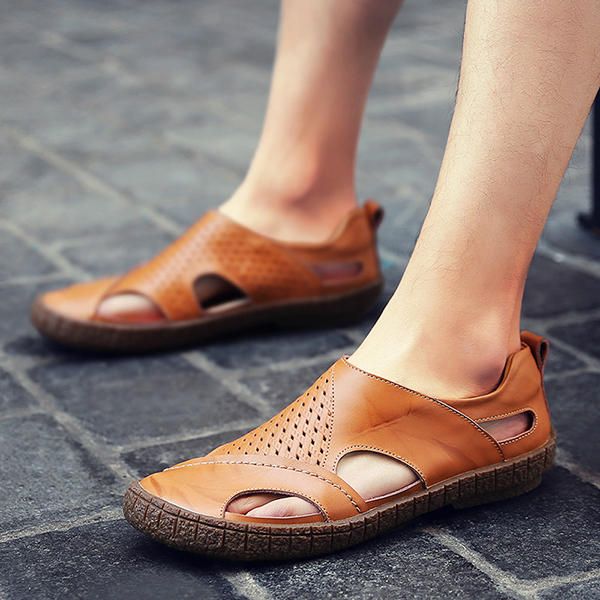 Sandalias Ahuecadas De Cuero Genuino Suave Y Transpirable Para Hombres