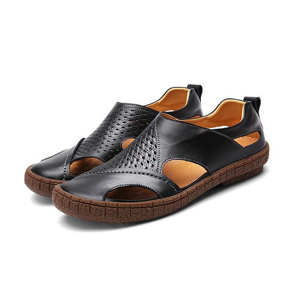 Sandalias Ahuecadas De Cuero Genuino Suave Y Transpirable Para Hombres