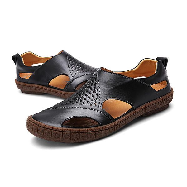 Sandalias Ahuecadas De Cuero Genuino Suave Y Transpirable Para Hombres