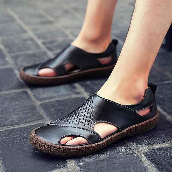 Sandalias Ahuecadas De Cuero Genuino Suave Y Transpirable Para Hombres