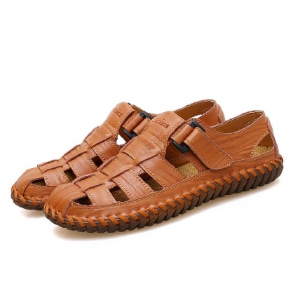 Sandalias Ahuecadas Transpirables Informales Suaves De Cuero Genuino Para Hombres