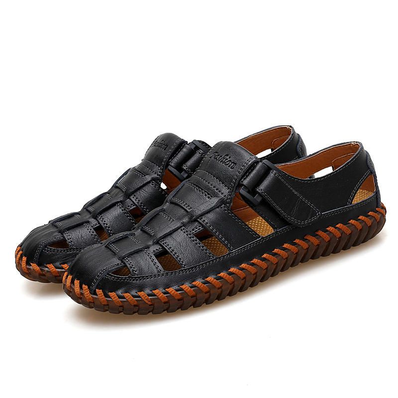 Sandalias Ahuecadas Transpirables Informales Suaves De Cuero Genuino Para Hombres