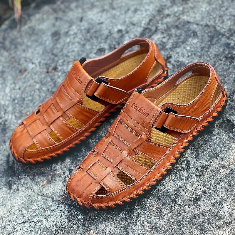 Sandalias Ahuecadas Transpirables Informales Suaves De Cuero Genuino Para Hombres