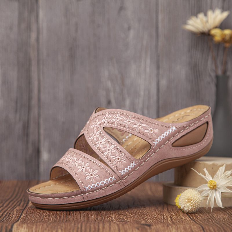 Sandalias Cómodas Casuales Huecas Florales Con Costura Hecha A Mano Para Mujer