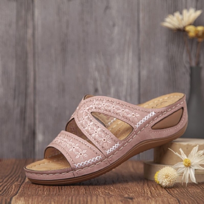 Sandalias Cómodas Casuales Huecas Florales Con Costura Hecha A Mano Para Mujer