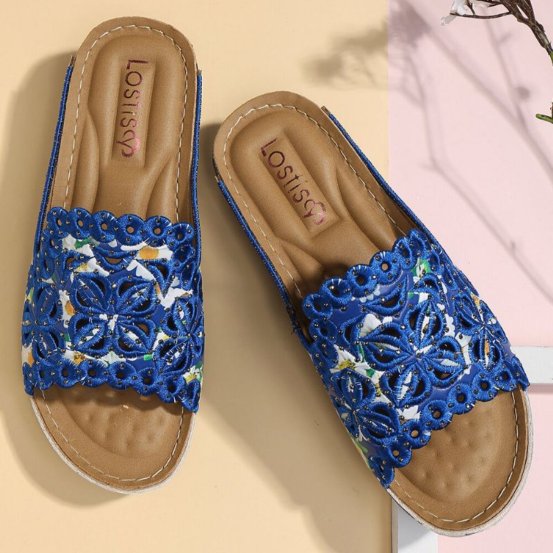 Sandalias Cómodas De Masaje Con Estampado Floral Ahuecado Para Mujer