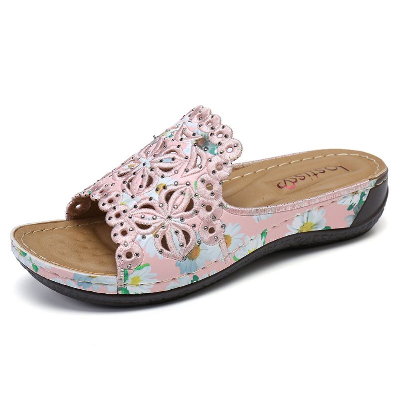 Sandalias Cómodas De Masaje Con Estampado Floral Ahuecado Para Mujer