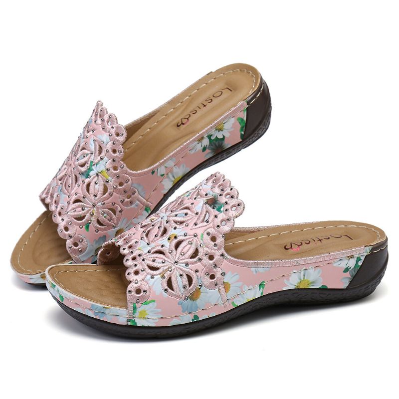 Sandalias Cómodas De Masaje Con Estampado Floral Ahuecado Para Mujer