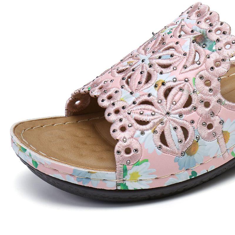 Sandalias Cómodas De Masaje Con Estampado Floral Ahuecado Para Mujer