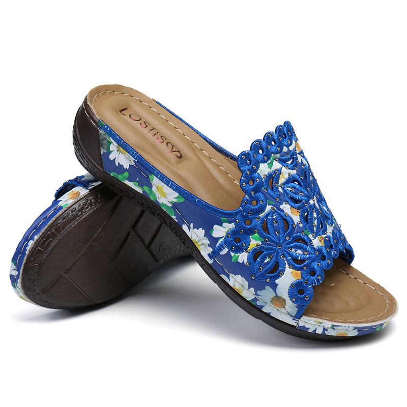 Sandalias Cómodas De Masaje Con Estampado Floral Ahuecado Para Mujer