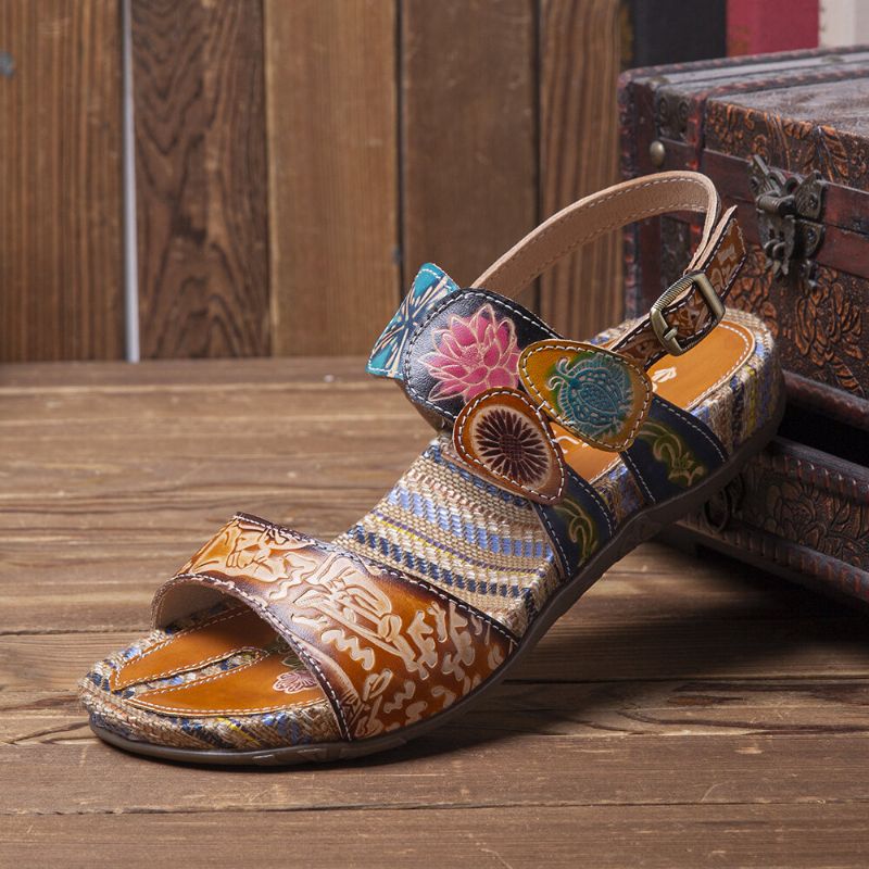 Sandalias Cómodas De Rayas Planas De Cuero Con Estampado De Flores Retro