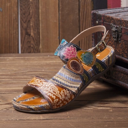 Sandalias Cómodas De Rayas Planas De Cuero Con Estampado De Flores Retro