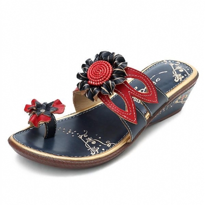 Sandalias Con Cuña De Cuero Genuino Floral Retro